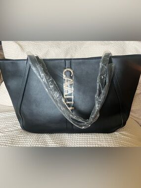 NWT Cavalli Class Large Black Tote Bag Gold Logo Shoulder Bag